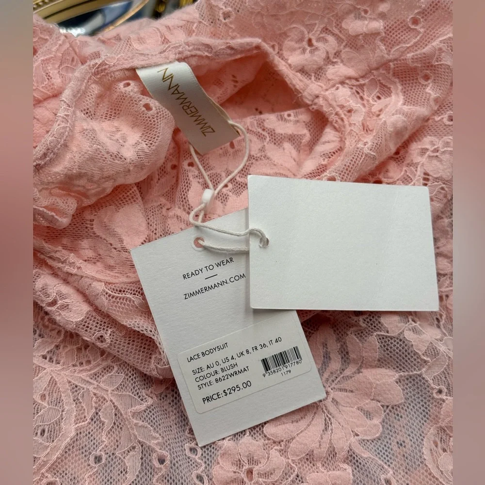 🆕 ZIMMERMANN 🧿 NWT Lace Long Sleeve Bodysuit, Blush - Sz 0 US 4